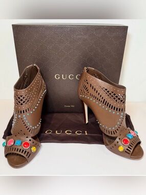 Gucci Lika Brown Leather Cutout Embellished Open Toe Bootie Sandal, Sz 38.5